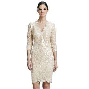 Tadashi Shoji Cream Sequins Lace 3/4 Sleeve Cocktail Party Dress Size 8